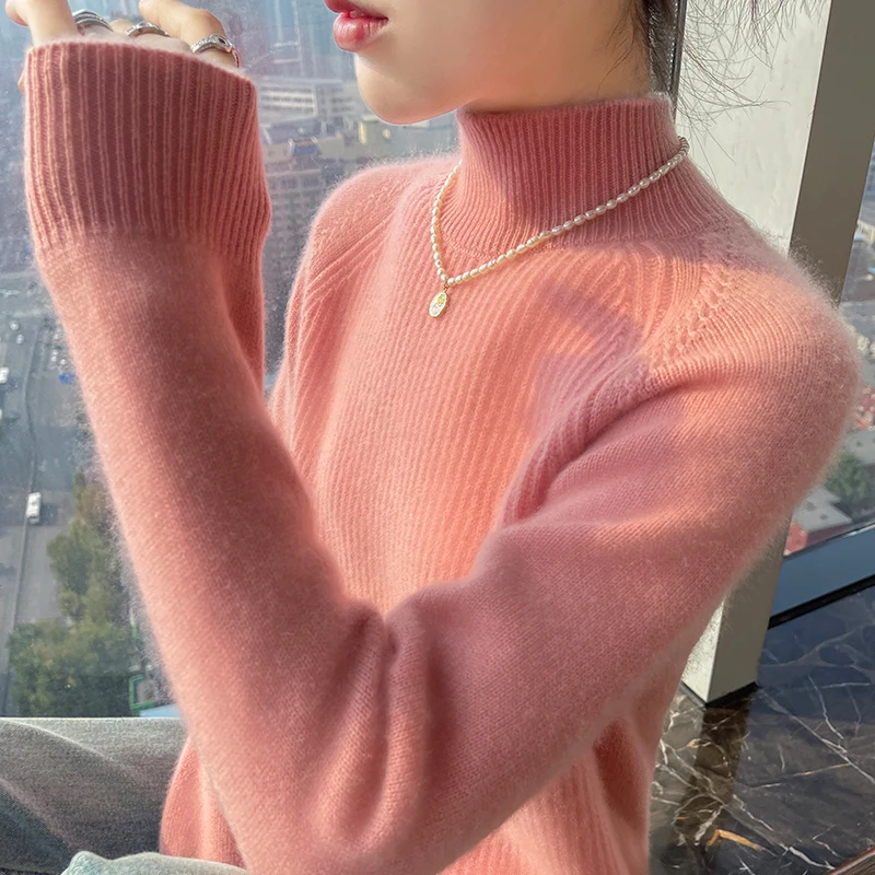 Women\'s winter sweater 100% Merino wool thick warm semi-high neck pullover solid color vertical pit cashmere sweater casual top