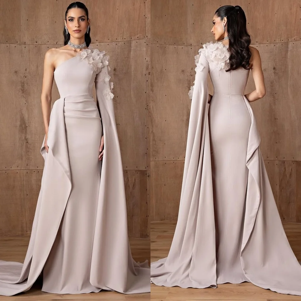 

Customized Modern Style Jersey Flower Pleat A-line One-shoulder Long Dresses Bespoke Occasion Pastrol Retro