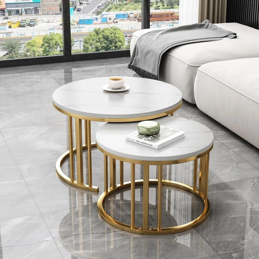 Mesa de centro redonda, conjunto de 2 mesas de centro modernas com tampo de mármore falso, mesa de centro com estrutura de metal dourado para sala de estar, apartamento