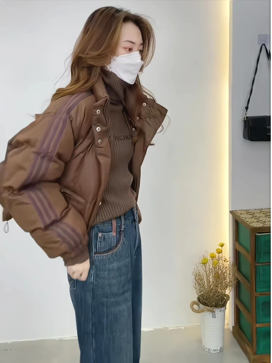 Chic ort puffer jaet feminino inverno thi outerwear cor café gola pão sle versão coreana du casaco para baixo