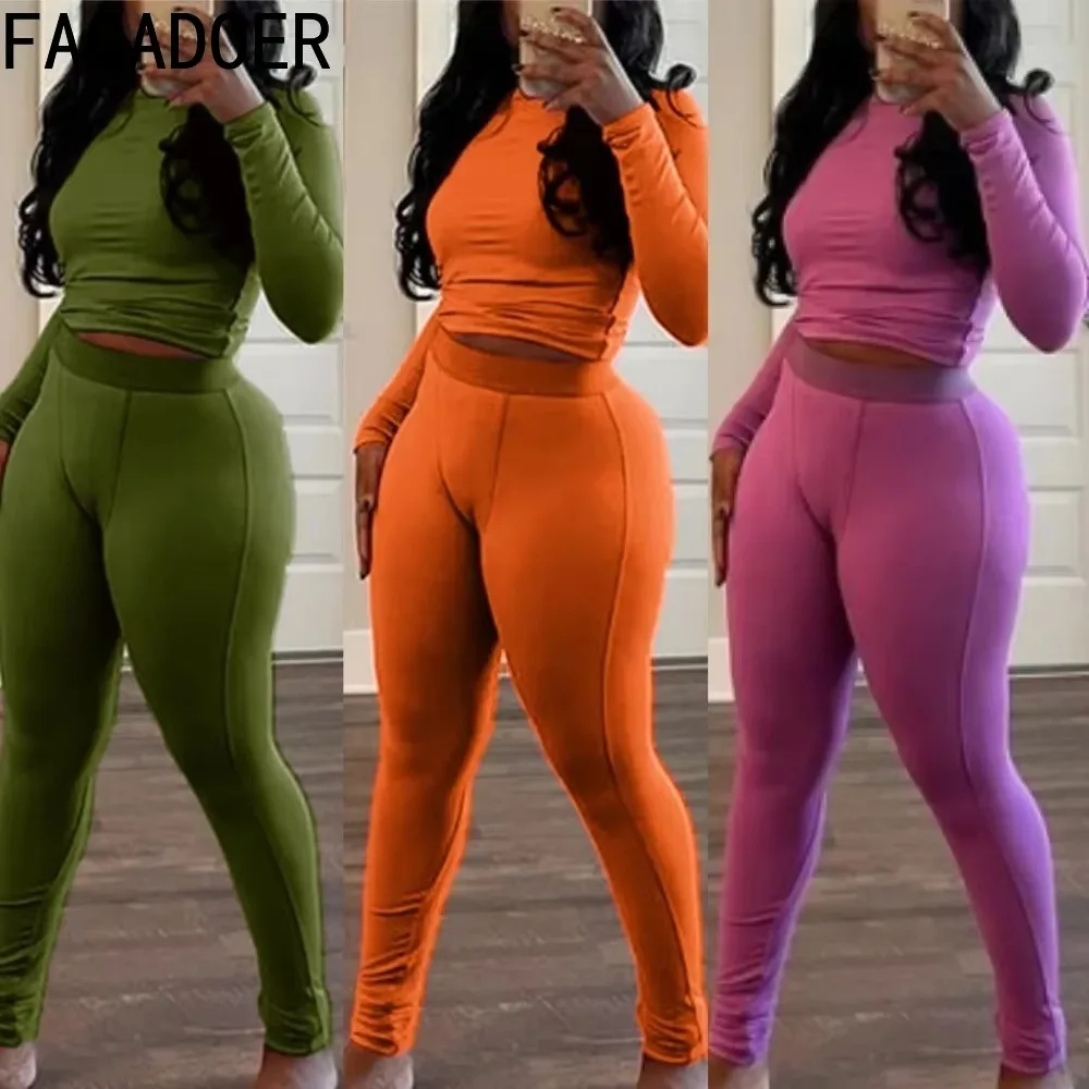 

FAGADOER Autumn Winter New Ribbing 2 Piece Sets Women Outfit Solid Long Sleeve Crop Top + High Waist Leggings Suits Sportswear