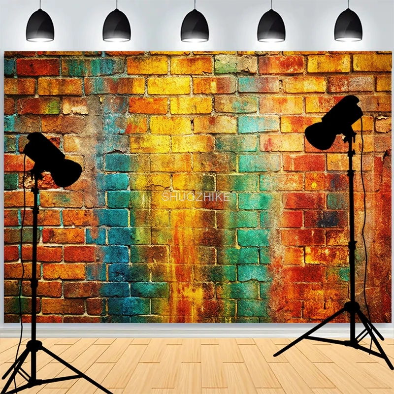 

Graffitistyle Rainbow Painted Brick Wall Background Damaged Rustic Texture Vibrant Grunge Photography Backdrops BK-12