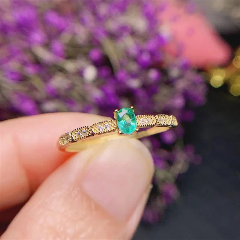 18K Yellow Gold 925 Sterling Silver Real Natural Original Emerald  4X3mm with Certificate Adjustable Size Ring for Women