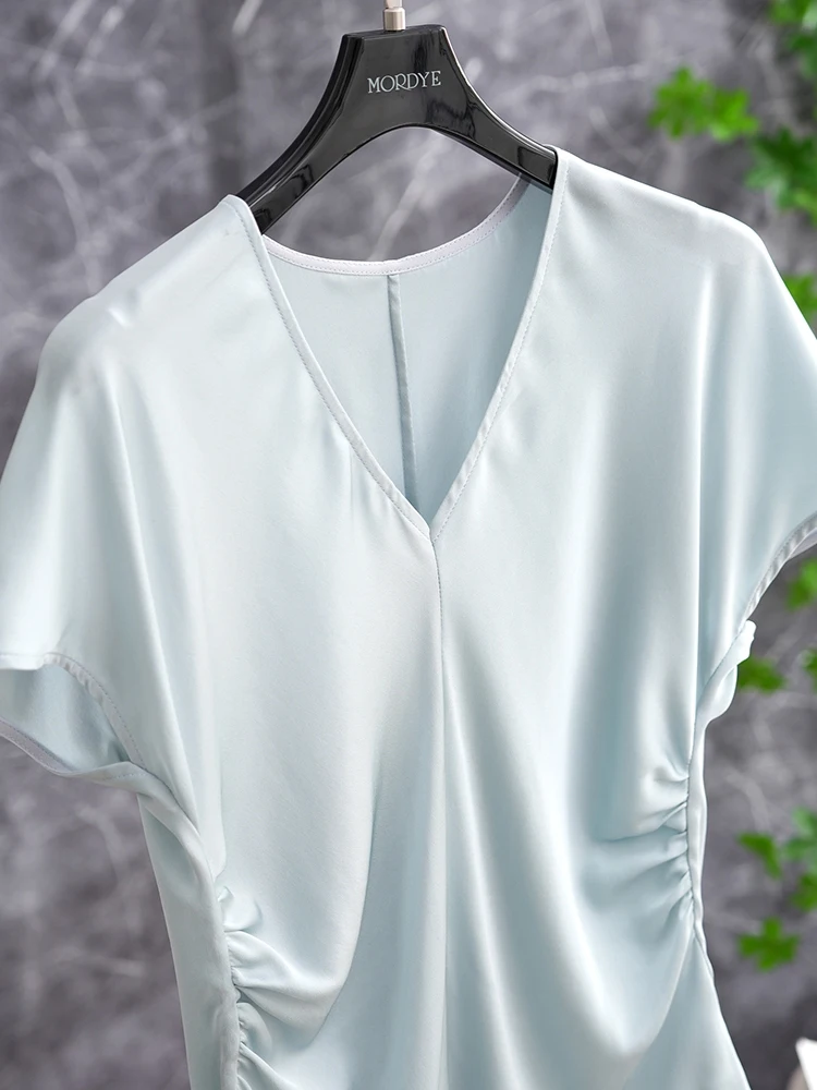 

Silk V-neck Short-sleeved Women's Shirt Waist-cinching Slimming Blue High-end Silk Top Summer Small Shirt T-shirt Blouse