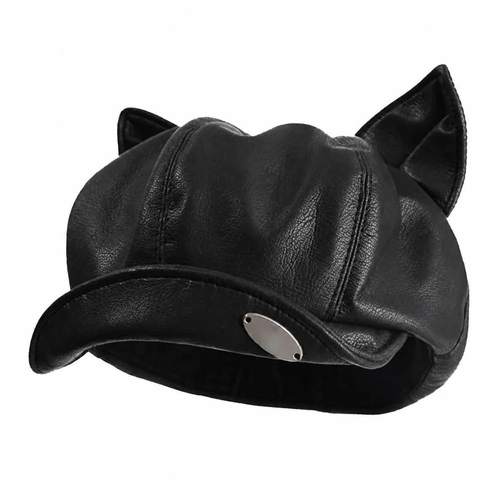 Elegant PU Leather Cat Ear Beret Cute Ear Design Black/Coffee Newsboy Cap Retro Style Peaked Cap All Seasons