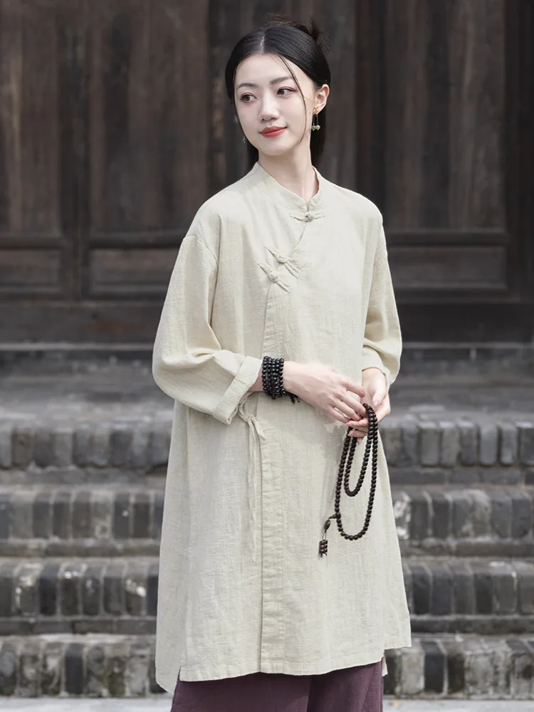

Autumn Cotton-Linen Women Sandwashed Button-Fastening Asymmetrical Collar Tie-Front Vintage Chinese-Style Zen Tea Robe Soft