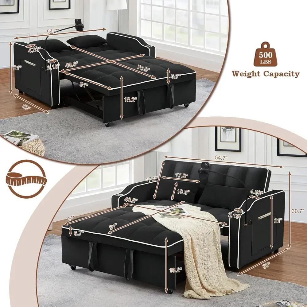 Convertible Futon Sofa Bed ,with Adjustable Backrest and 2 USB Charging Ports, Convertible Velvet Sleeper, Sofa with 2 Seats