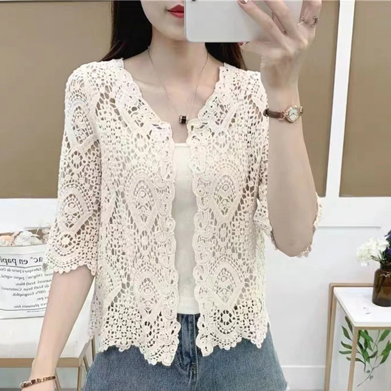 Women Knitted Lace Shrug Boho Hollow Crochet Floral 3/4 Sleeves Open Front Cropped Cardigan Elegant Mesh Sweater Coveup