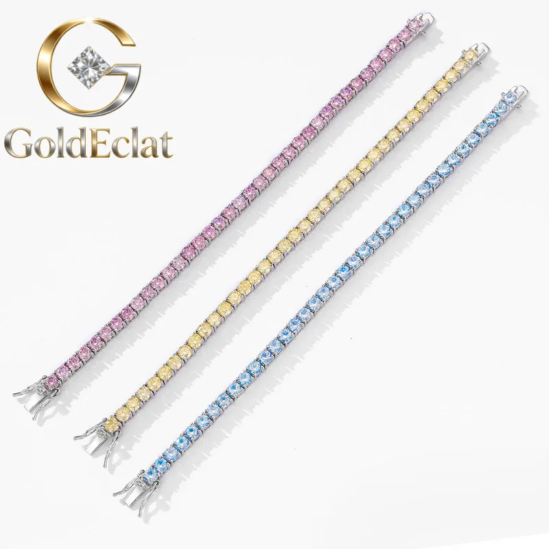 

Браслет GoldEclat класса люкс из цельной платины PT950 для женщин, 3 мм, 4 мм, с желтыми, голубыми, розовыми муассанитами и бриллиантами, полностью инкрустированный бриллиантами, теннисный браслет