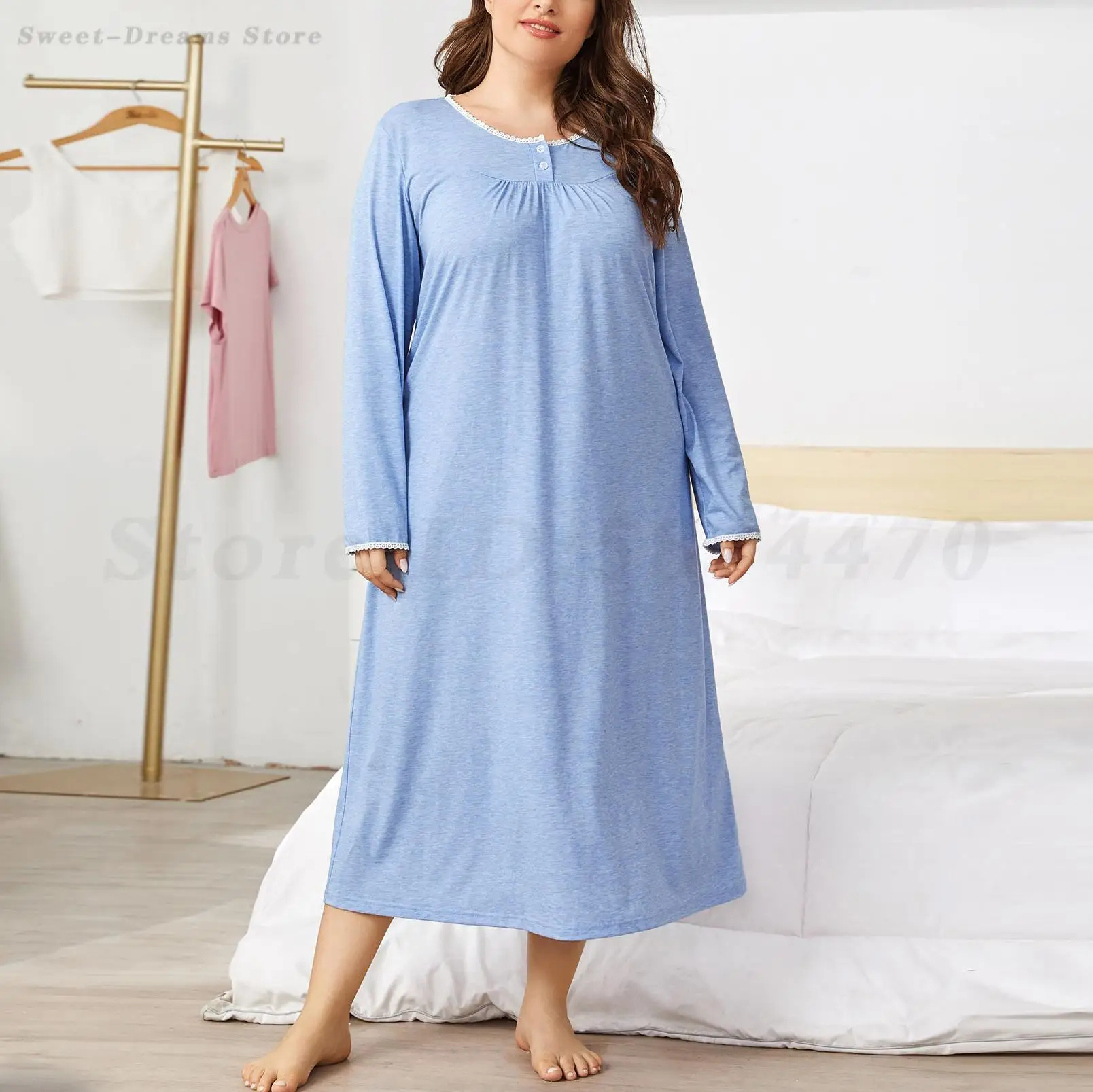 Blue Long Sleeved Nightdress Women\'s Sweet Lace Edge Nightgown Large Size 4XL Sleepwear Casual Home Dressing Gown Lounge Wear