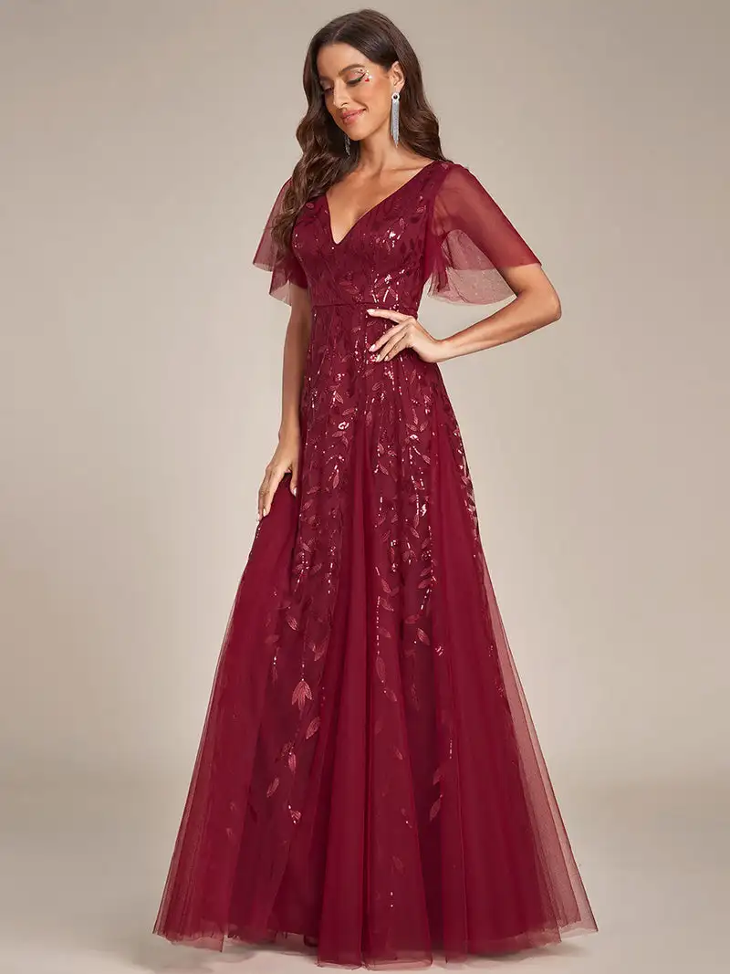 Elegant Evening Dress Romantic Shimmery Deep V-Neck Ruffle Sleeves Ever Pretty of 2024 Burgundy Gauze Sequin Maxi Long Gowns