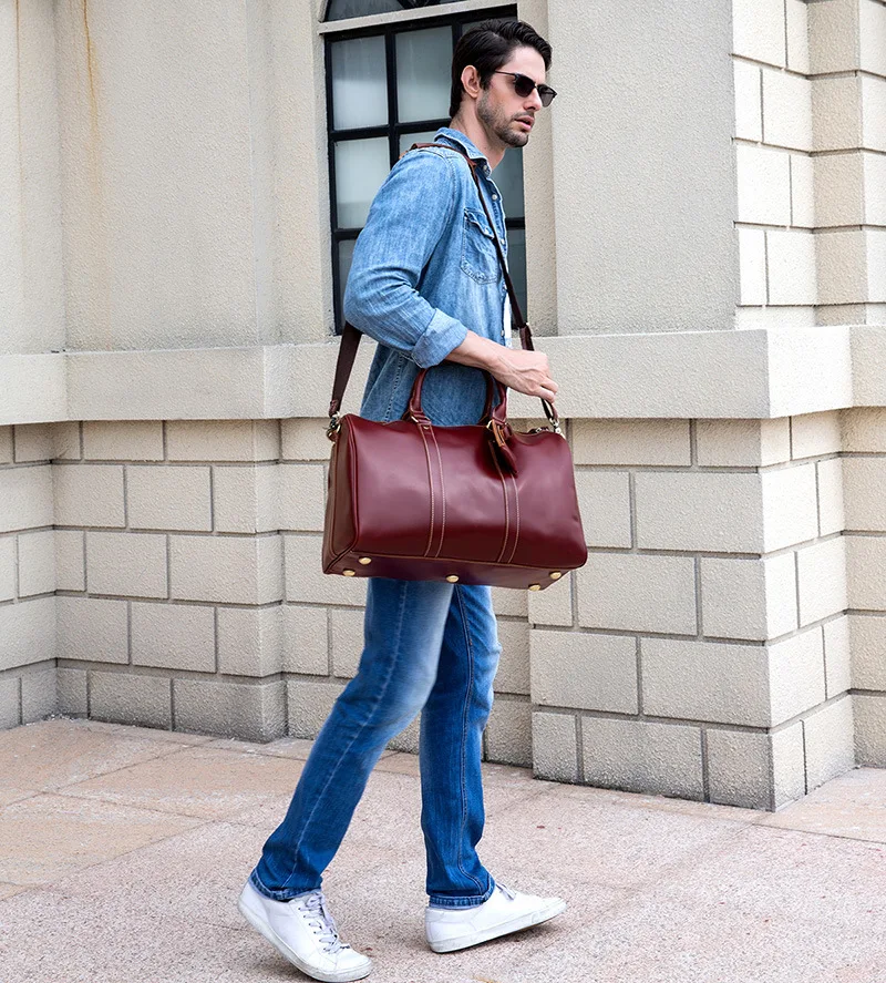 Sac à Main de Voyage en Cuir de Cheval pour Homme, Sacoche Décontractée à la Mode, Rétro Européen et Américain, Vin Rouge E27