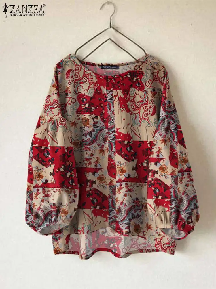 Jesienne topy damskie 2024 ZANZEA Bohemain Koszula z długim rękawem i kwiatowym nadrukiem Casual Loose O Neck Blusas Vintage Work Blouse Oversize