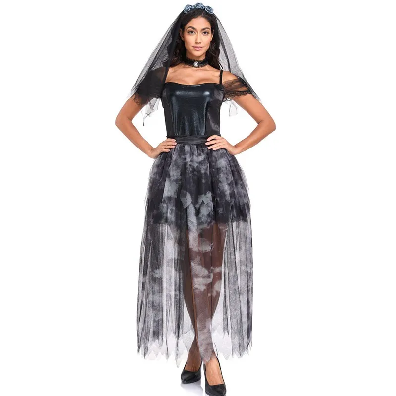 

Gothic Style Halloween Black And White Bride Role Playing Costume Cos Set Net Dress Women's Traditional Ethnic Stage Costume