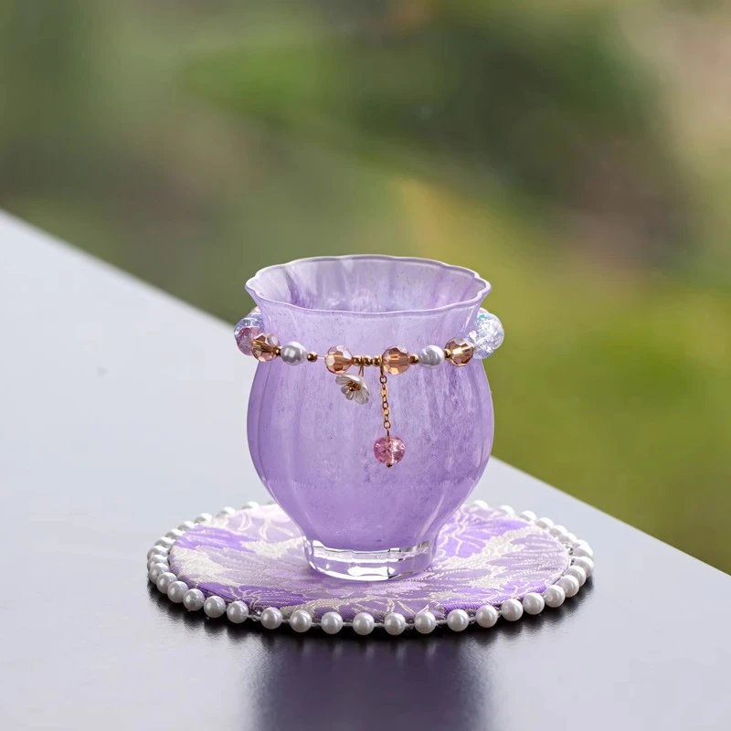 

‌Luxury Handblown Glass Tea Goblet with Mother of Pearl Coaster Solo Purple Tea Cup Set High End Tea Ritual Brewing Accessories