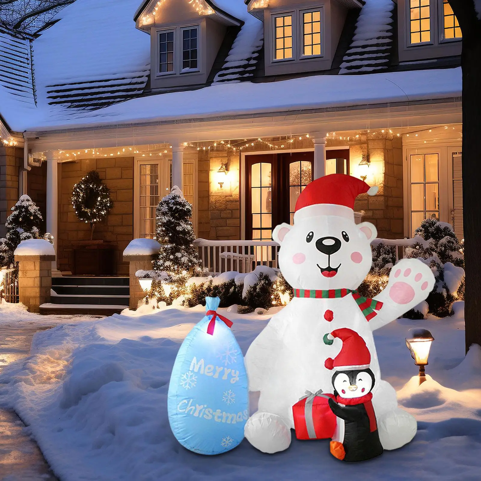 7ft Christmas Inflatable White Bear Penguin Props with LED Light for Outdoor