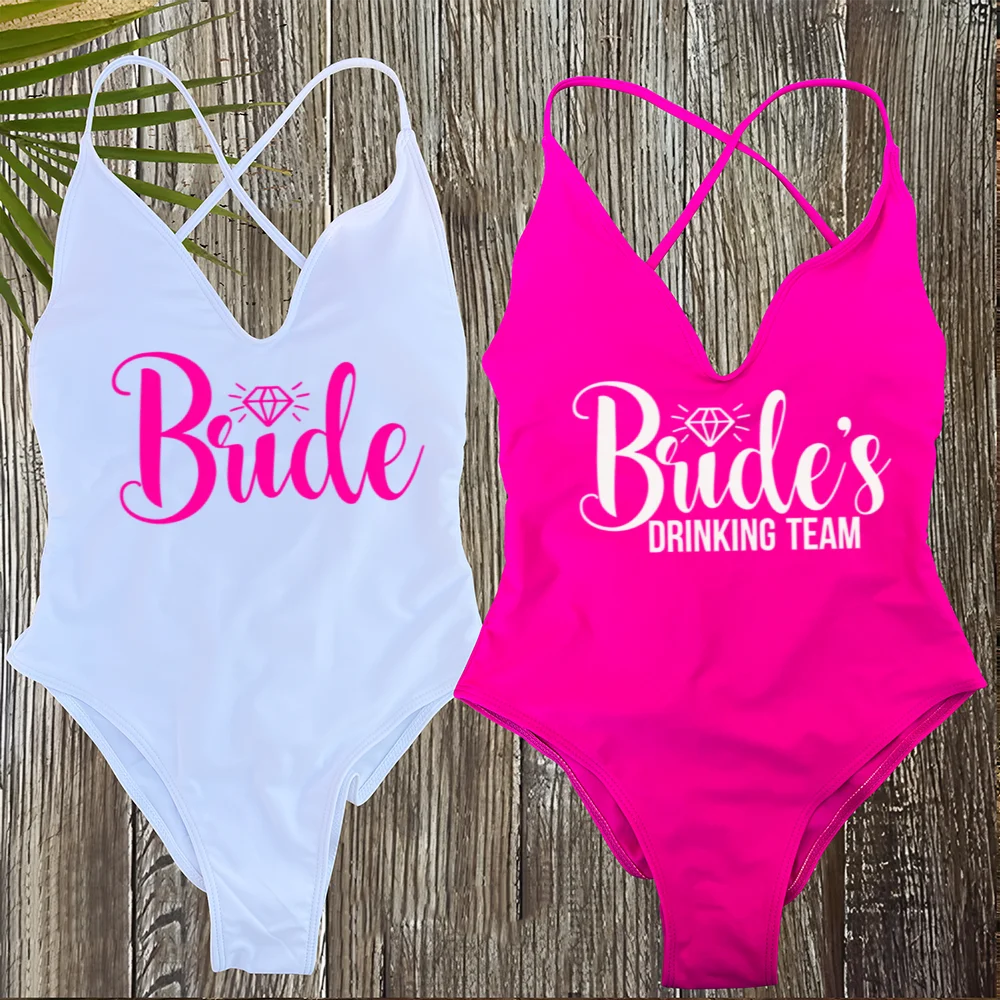 Women's Padded One Piece Swimsuit Team Bride Monokini Beachwear Bride's Drinking Team Swimwear Bathing Suit for Wedding Party