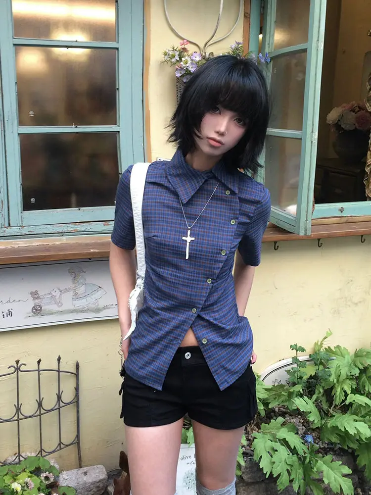 

Deeptown Blue Vintage Plaid Women Shirts Y2k Short Sleeve Japanese 2000s Style Irregular Blouses Slim Preppy Casual Gyaru Summer