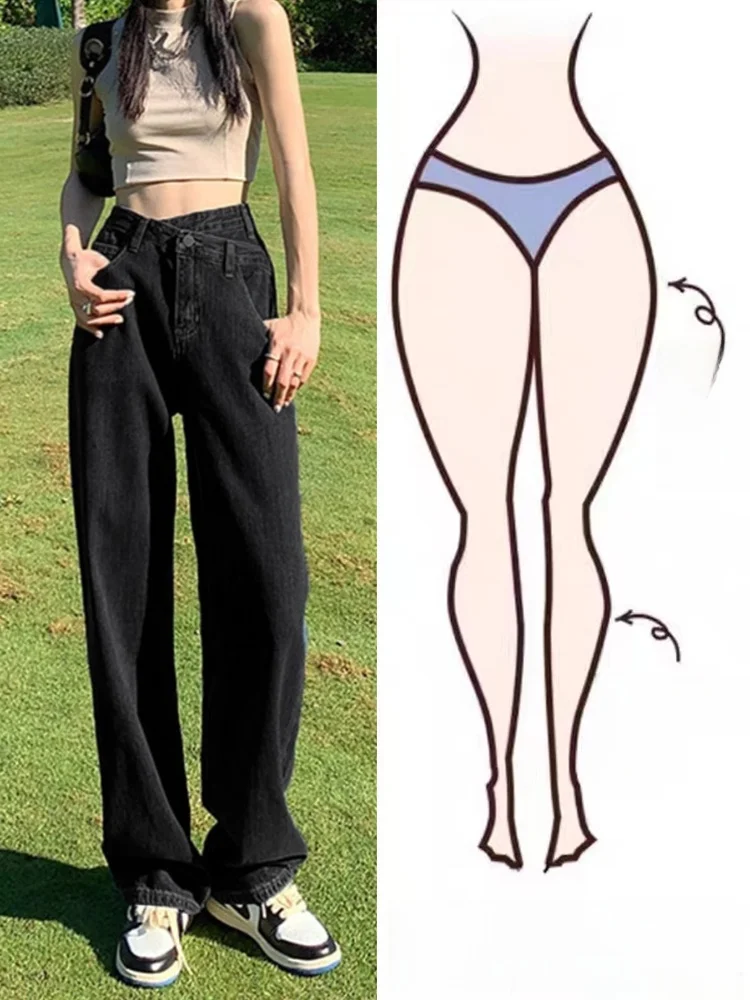 High Waist Loose Fit Straight Leg Jeans plus Size Women's plus Size Black Grey Denim Pants Tummy Control Wide Leg Trendy