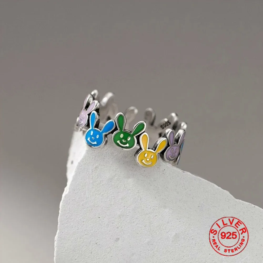 925 Sterling Silver Irregular Colorful Rabbit Rings For Women Female Simple Retro Style Handmade Fine Jewelry Bijoux Birthday