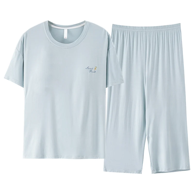 

With Chest Pads Summer Short Sleeve Home Clothes For Women 2 Piece Set Loose Calf-Length Pants Homewear Casual Female Pajamas