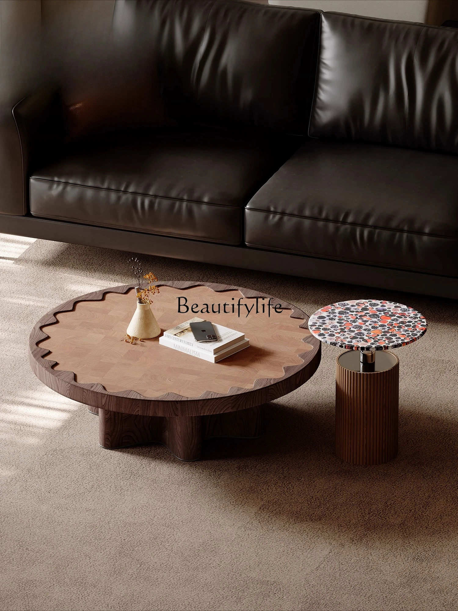 

Medieval style living room coffee table light luxury high-end creative round table combination