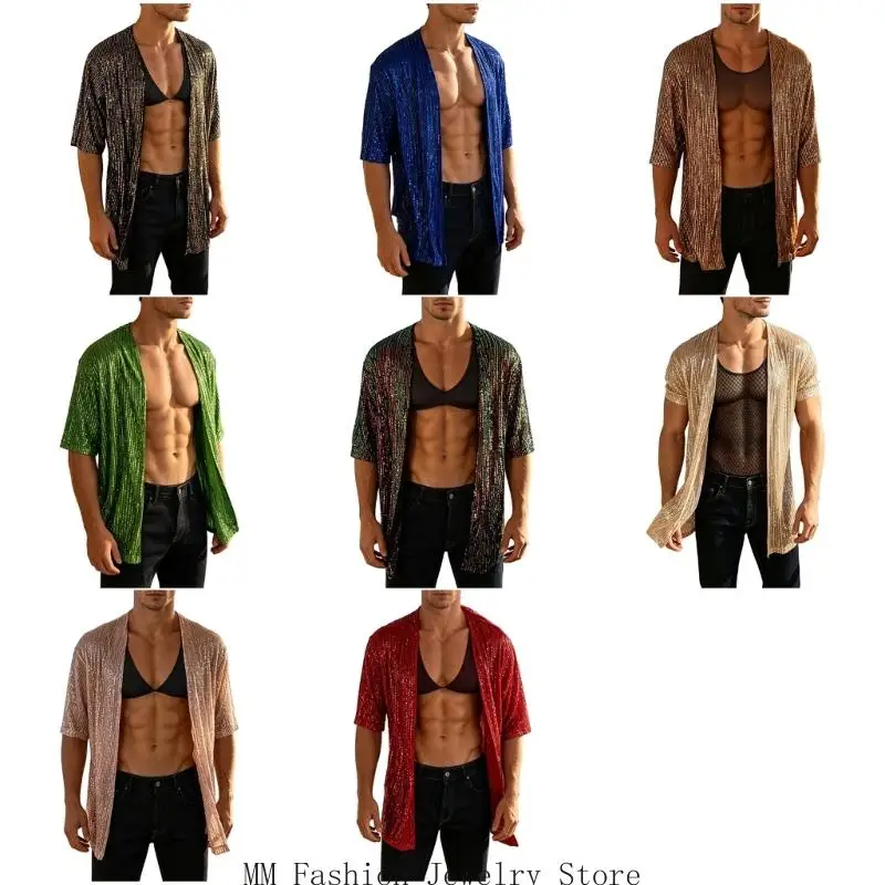 Men's Resort Layering Cardigan Short Sleeve Open-Front Cover-Up with Embellished Detail for Party Night Styling D0UB