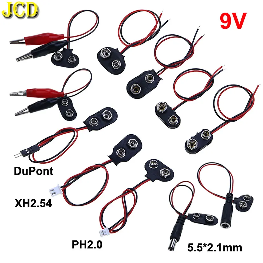 5/10pcs I/T Type 9V Battery Buckle Connector W/ Alligator Clip DC 5.5*2.1 PH2.0 XH2.54 DuPont Terminal Lead Wires Battery Holder