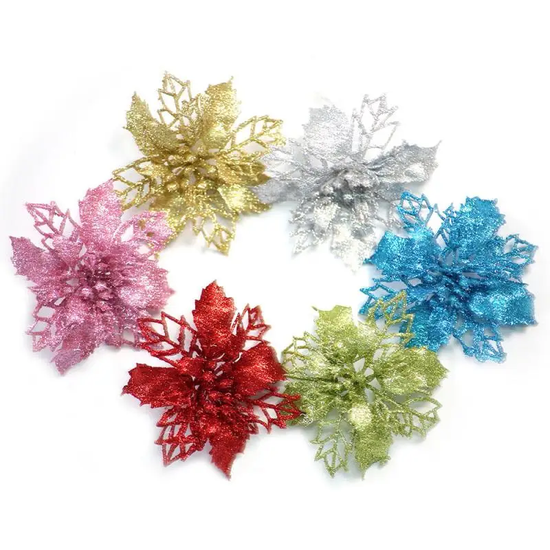 Glitter Artifical Christmas Flowers Mreey Christmas Tree Decoration Happy New Year Ornaments Xmas Fake Flowers natal