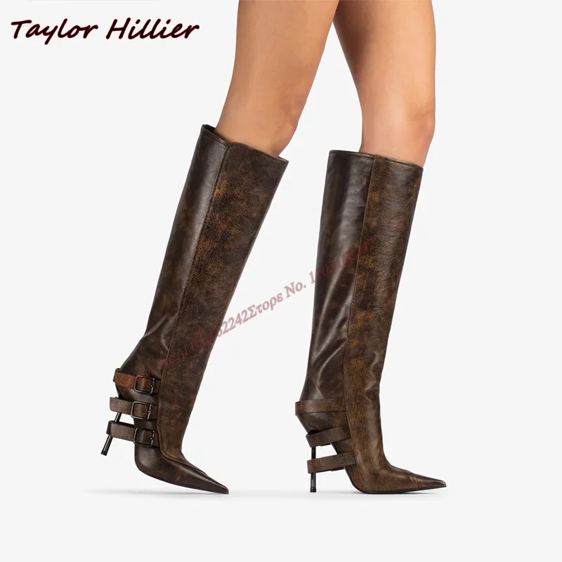 

Brown Vintage Effect Leather Knee Boot With Buckles Pointed Toe Stiletto Heel Slip-On Long Boots Fashion Banquet Modern Boots 44