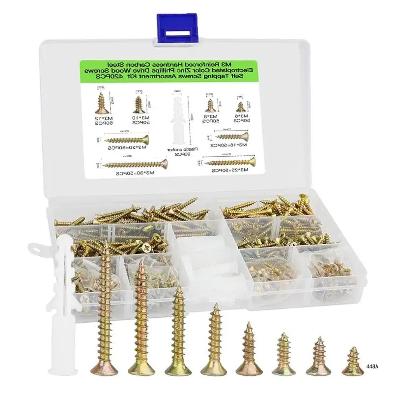 420pcs Universal Low Flat Head Self Tapping Wood Screw Fasteners Cross Drive Countersunk Head Self-Tapping Screws