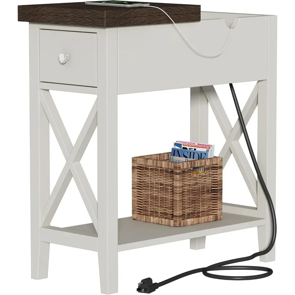 Farmhouse End Table With Charging Station, Accent Small Side Table Nightstand For Living Room