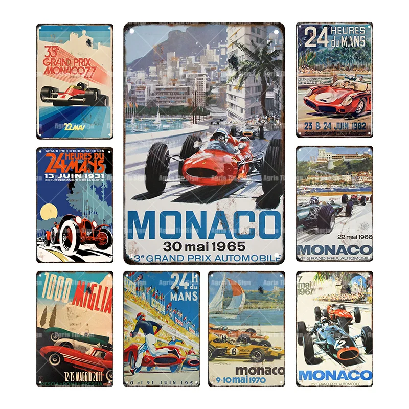 Vintage Monaco Racing Car Metal Tin Plate Retro Iron Painting Wall Decoration Poster Garage Outdoor Decor