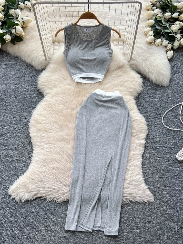 

Women's Summer Sporty Casual Sleeveless Vest High Waist Split round Neck Two-Piece Set Fashionable Crop Top Skirt Combo