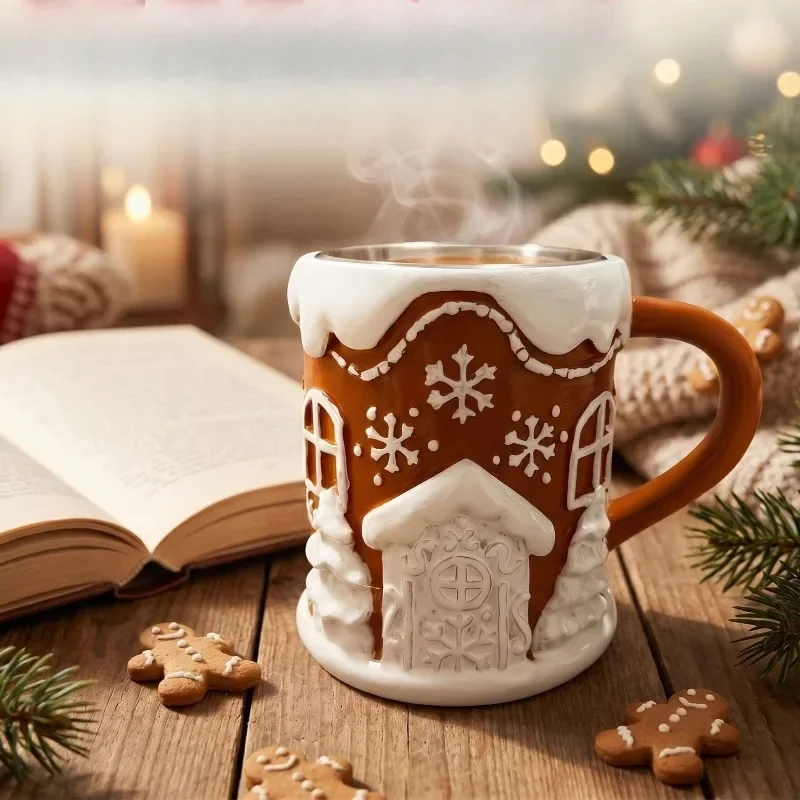 Creative Gingerbread House Shaped Mug, Christmas Ceramic Coffee Cup, Holiday Drinkware & Table Decor Gift