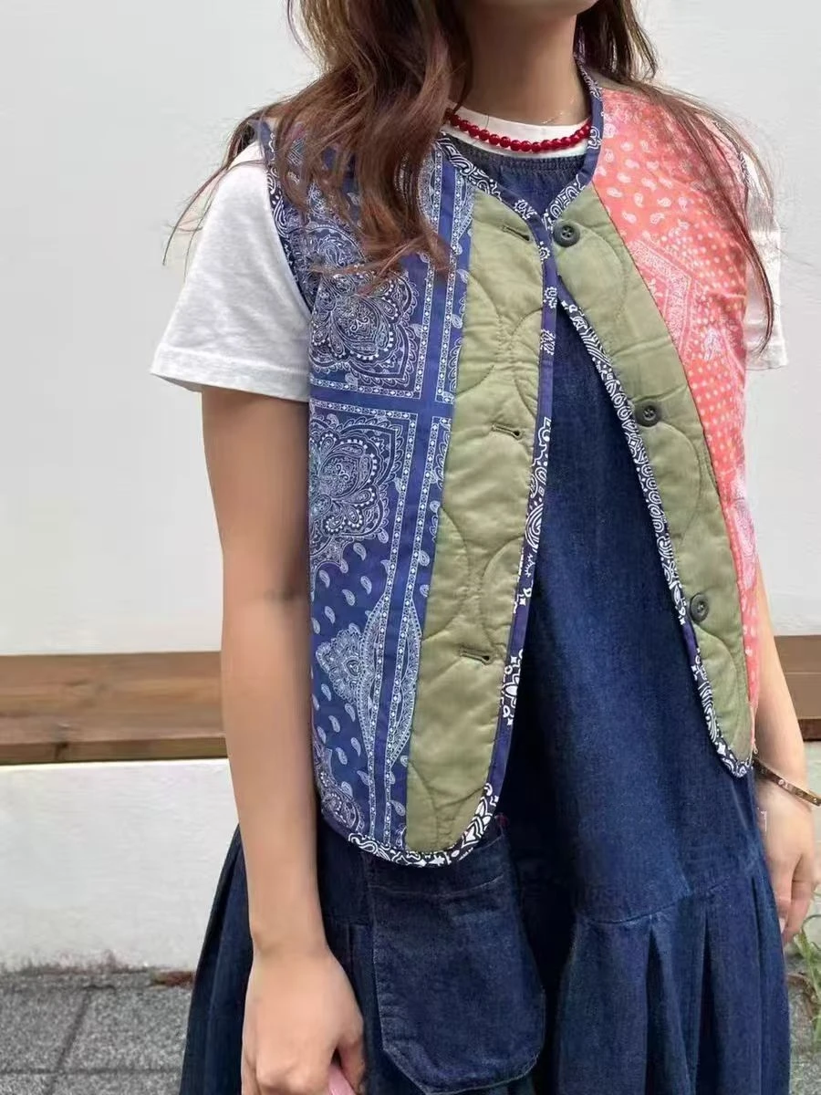 

Шикарный хлопковый жилет с цветочным принтом в стиле пэчворк, женский осенне-зимний теплый хлопковый жилет с клапаном, круглый Ne на одной пуговице...