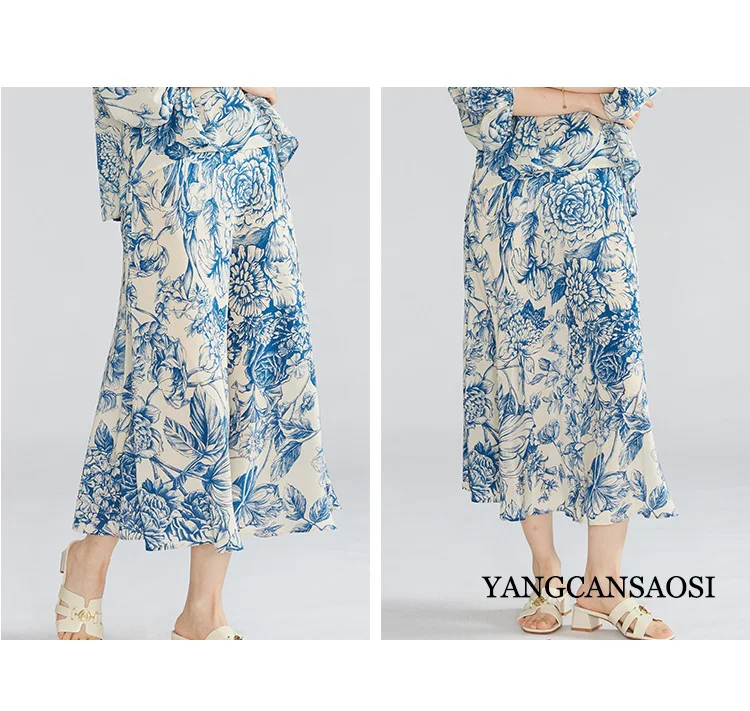 100% Natural Mulberry Silk Crepe De Chine Elastic Waist Elegant Rice Bottom Blue and White Porcelain Print Women's A-line Skirt