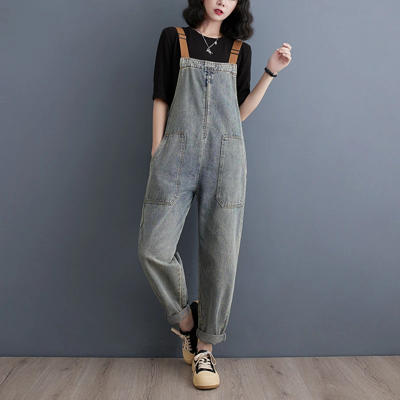 Autumn Vintage Women's Denim Jumpsuits Casual Streetwear Loose Wide Leg Jeans Overalls Straps Cargo Baggy Pants Big Size Rompers