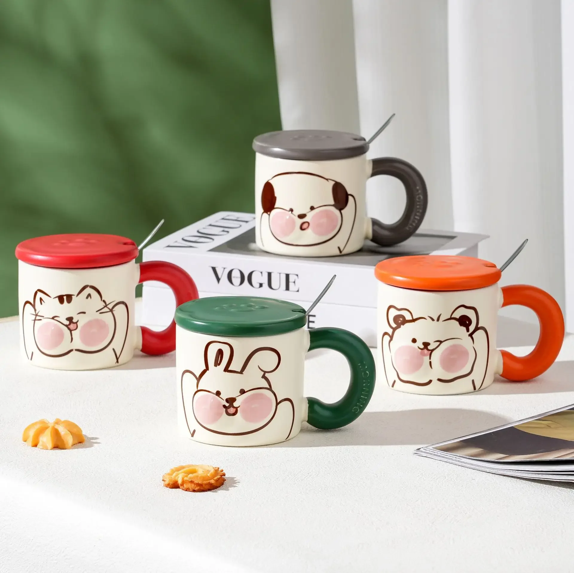 Cute animal milk fufu cartoon mug with lid spoon household milk cup