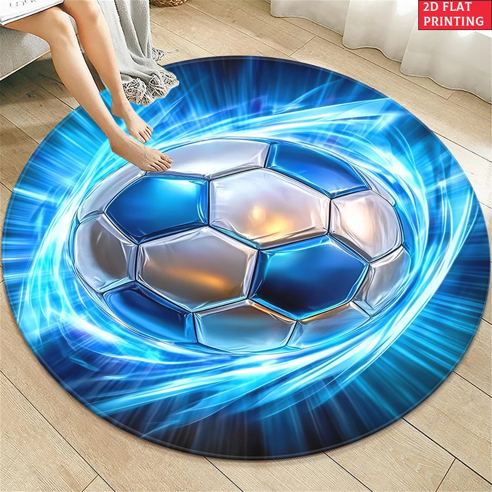 Blue Soccer Ball Energy Burst Round Rug Kids Boys Sports Theme Flannel Mat Gaming Room Bedroom Floor Covering Fun Dynamic Design