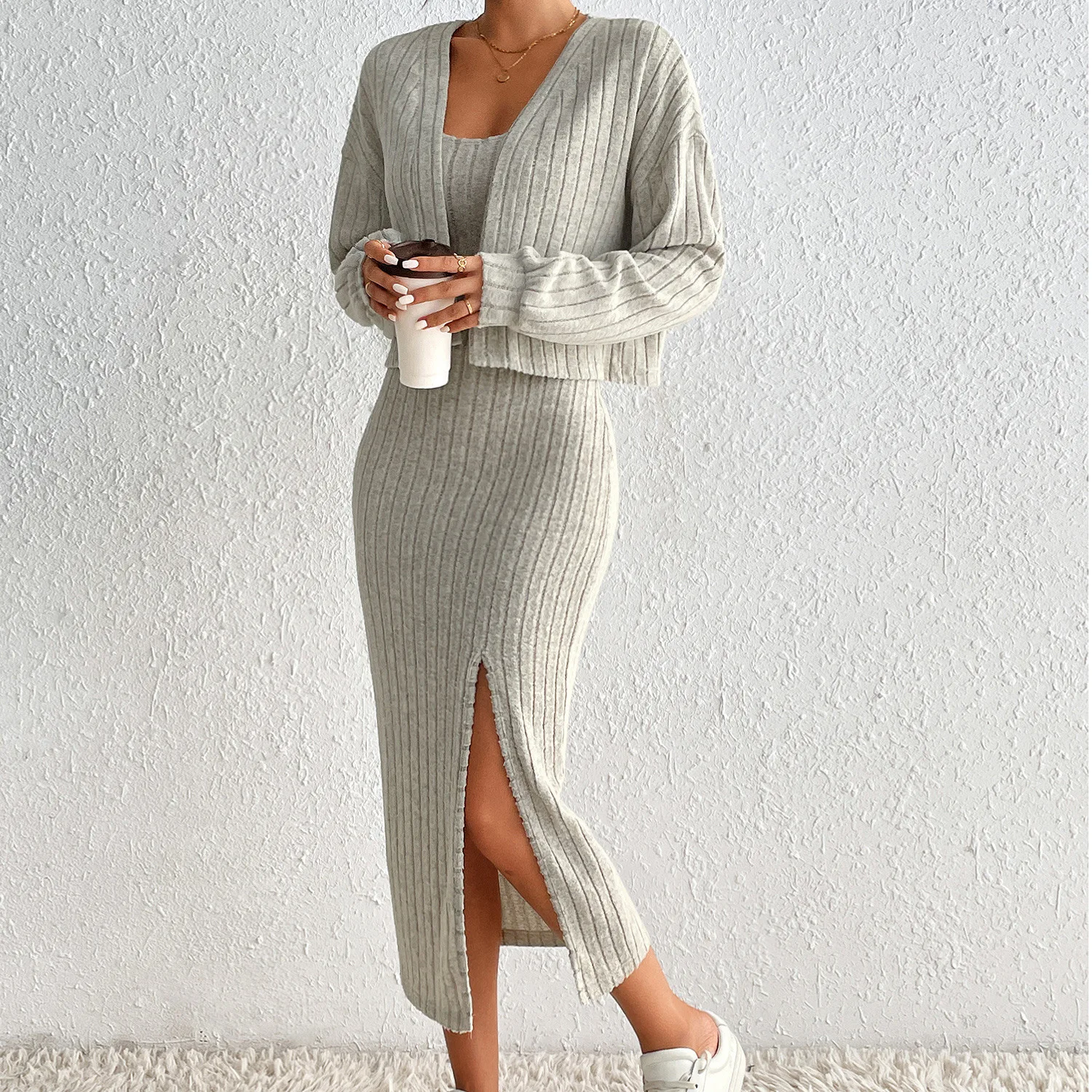 Autumn and winter set, women's fashion temperament, casual and sexy long sleeved knitted camisole jacket, dress