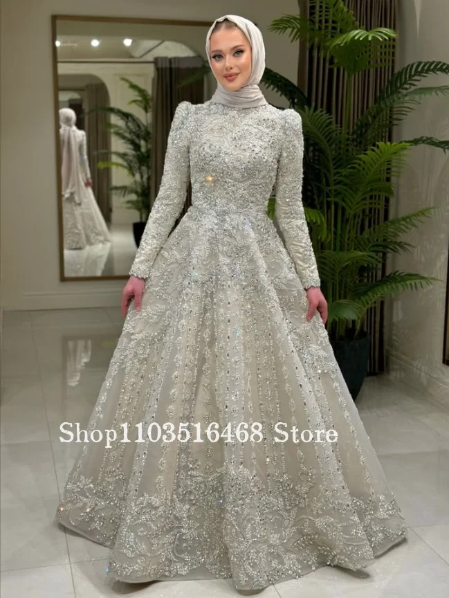 Customized Elegant Silver Muslim Wedding Gown Luxurious Beaded Full-Coverage Bridal Gown A-Line Ball Gown Engagement Gown 2026