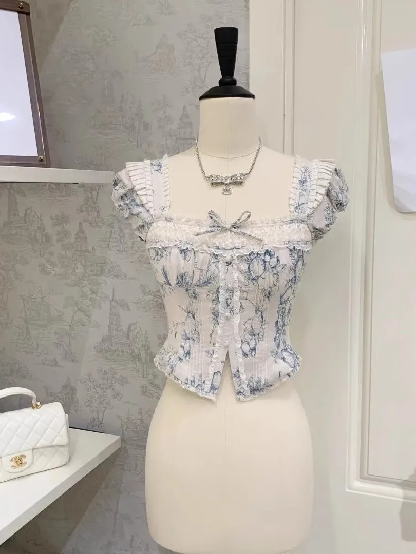 

Retro Sle Floral Print Top with Bubble Sves And ort Skirts Heavy Embellied Collar Square Collar Slimming Effect