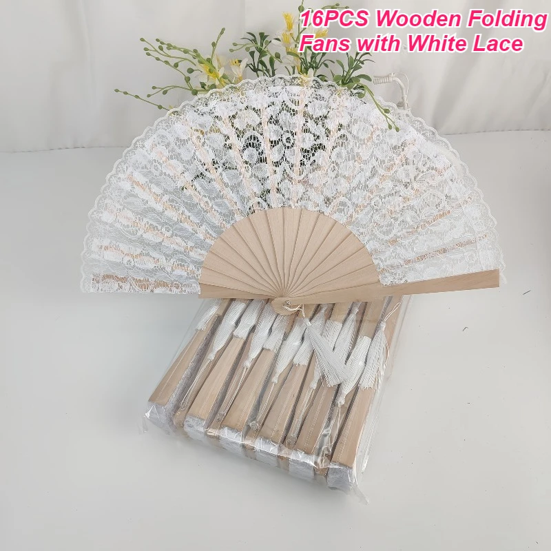 16pack Wooden Folding Fans with White Lace Artisanal Bridal Party Photo Prop Wedding Gifts for Guests & Bridal Shower Home Decor