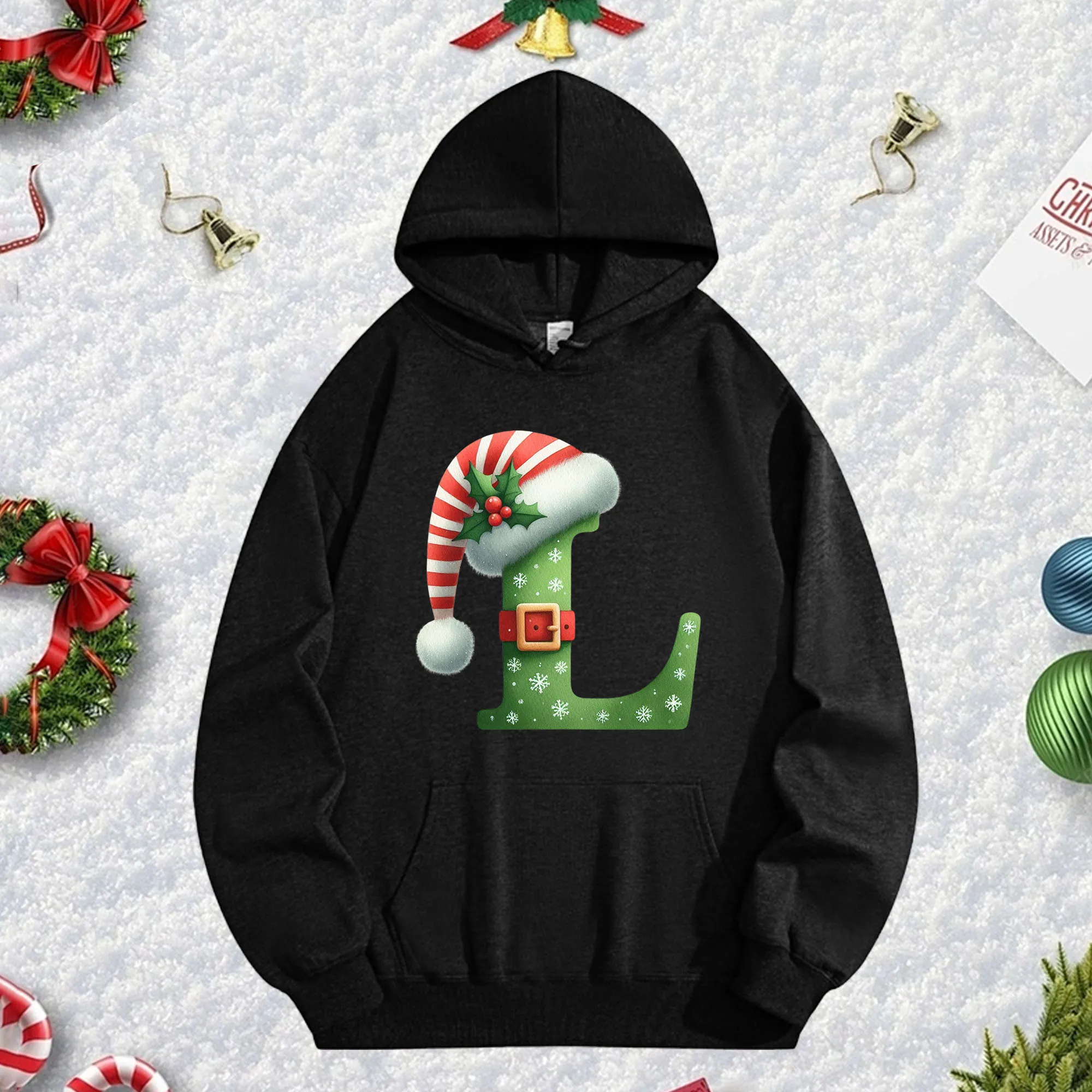 هوديي أسود لعيد الميلاد L 270G للرجال والنساء، بلوفر صوف كبير الحجم مريح لخريف/شتاء عيد الميلاد ورأس السنة الجديدة