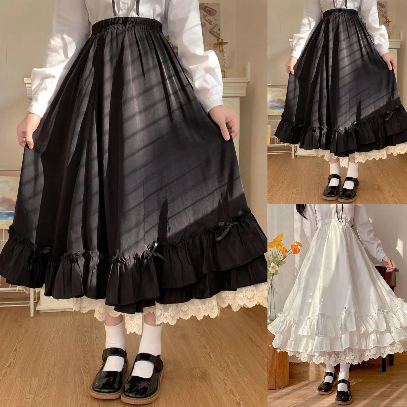 Frauen Hohe Taille A-Bottomed Rock Floral Spitze Süße Lolita Rüschen Saum Nette Lange Röcke Adrette Japanische Schule Röcke Y2k