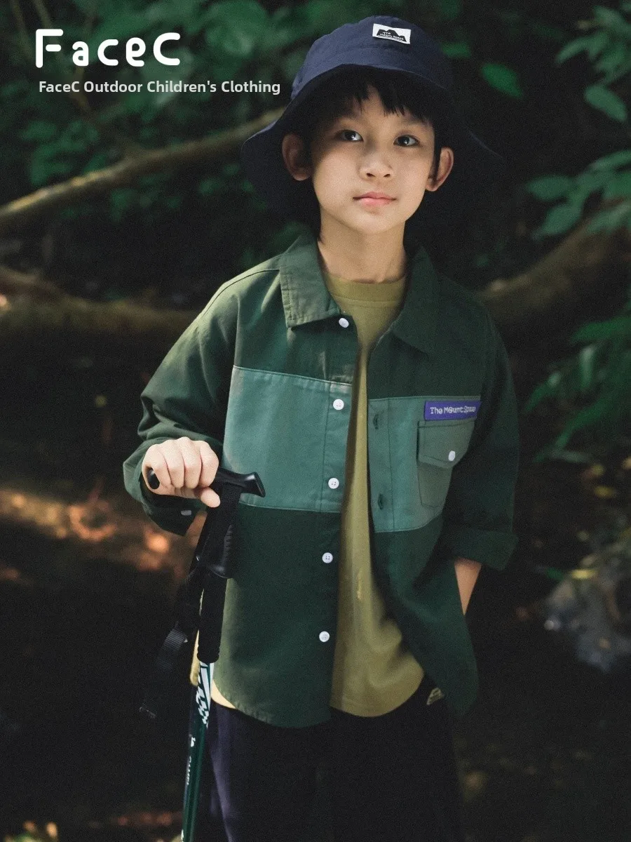 Outdoor Style Long Sleeve Shirt for Boys Spring Season Cotton 100% Color Block Collar Pocket Workwear Shirt Breathable Skin-F...