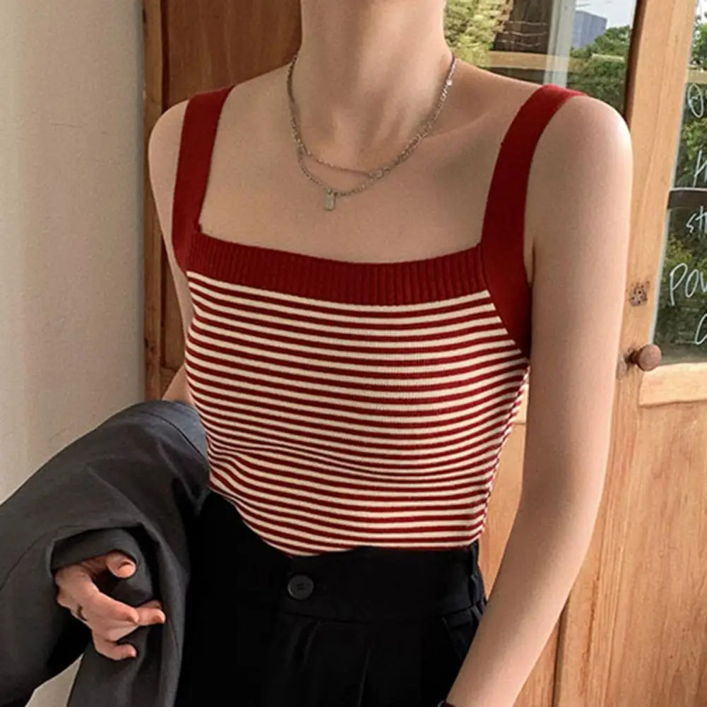 Square Collar Retro Striped Print Knitting Sleeveless Top Thin Vest Camisoles Wide Shoulder Straps Top Sling Sexy Slim Camisole