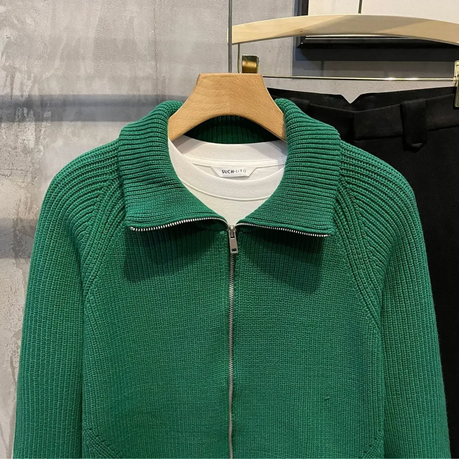 Men\'s Clothing Zip-up Jacket Knit Sweater Male Zipper Plain Green Solid Color Cardigan with Pockets Coat 2025 Trend Loose Fit V