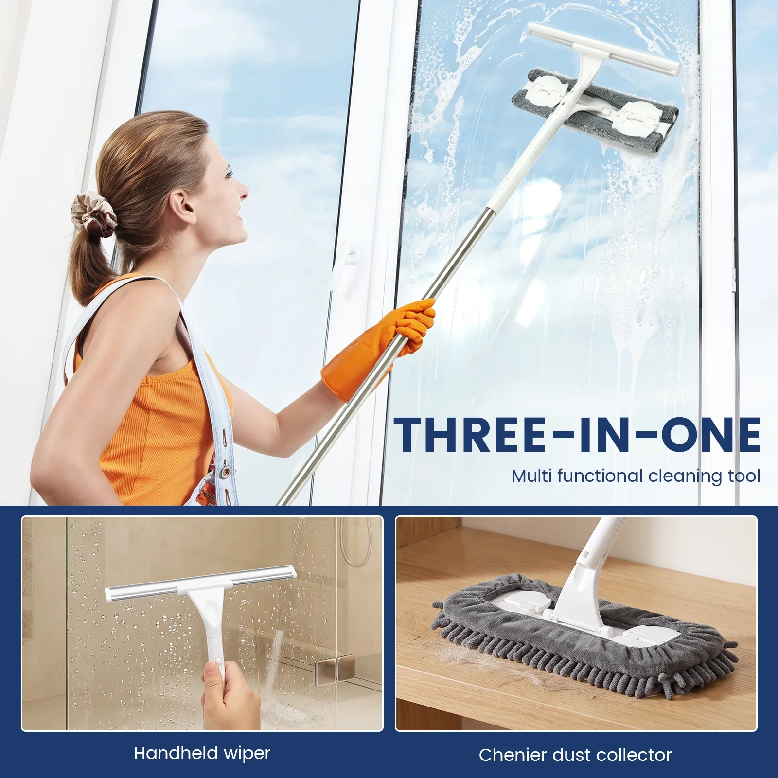 Telescopic Rod Glass Washing Cleaning Mop 2 in 1 Double Sided Glass Squeegee Cleaner Duster Washer Long Handle Brush